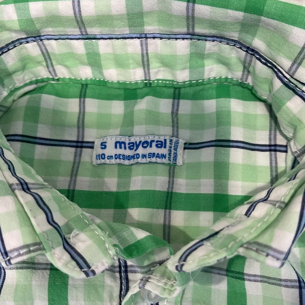 Mayoral Green blue and white Plaid button down ,size 5